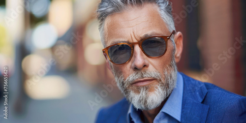 An elegant man with gray hair and beard wearing sunglasses and a smart blue blazer poses thoughtfully on an urban street.