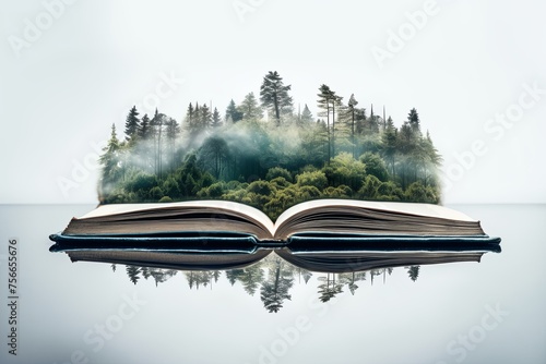 multi-exposure .The concept of an open magic book; open pages with water, forest. The concept of nature or learning. Ecology, earth month, wildlife, books, water. Copy space.  photo