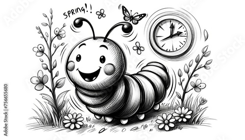 Illustration of a cheerful caterpillar with clock and flowers