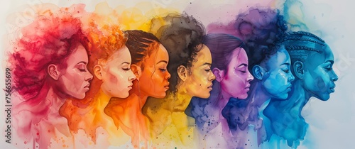 A watercolor painting of diverse women, each with their own unique face and hair style, standing side by side in profile view. 