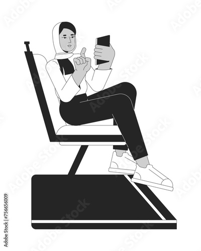 Muslim woman commuter phone scrolling black and white 2D line cartoon character. Scarf hijab female passenger isolated vector outline person. Transport traveler monochromatic flat spot illustration