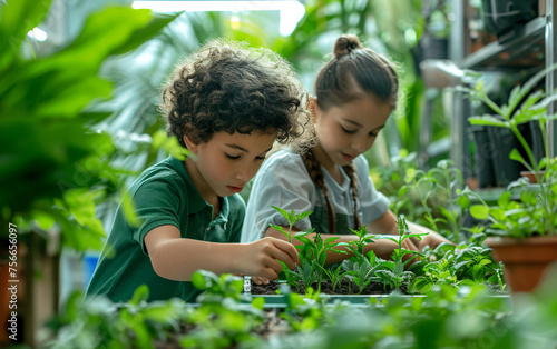 Diverse school children gardening in school orchard during gardening or botany lesson