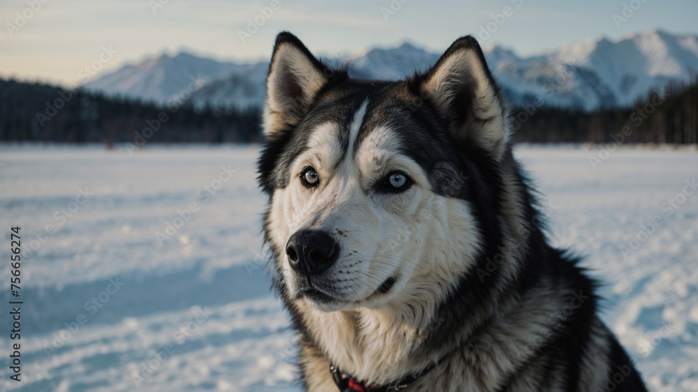 Alaskan Husky with vivid blue eyes in a snow-covered setting with mountains in the background. Alaskan Husky with vivid blue eyes in a snow-covered setting with mountains in the background.