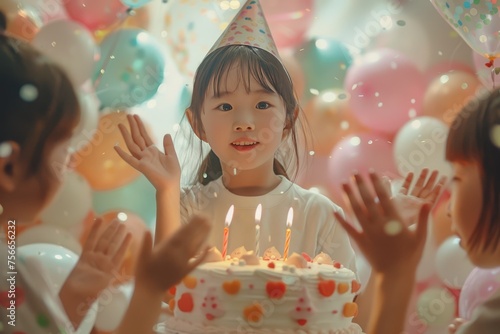 A photo of an Asian girl wearing a white short-sleeved shirt and birthday hat, holding up her hand to light the candles on her cake 