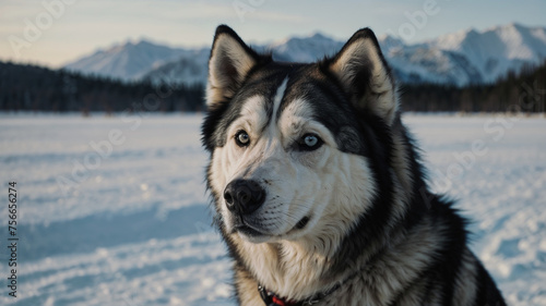 Alaskan Husky with vivid blue eyes in a snow-covered setting with mountains in the background.