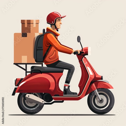 A red scooter delivery man carrying cardboard boxes on his back, in a simple flat vector illustration style © Photo And Art Panda