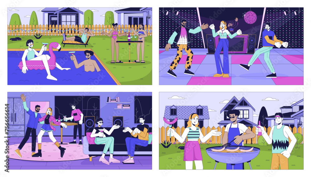 Party celebration people cartoon flat illustration set. Festive entertainment. Having fun friends 2D line characters colorful background. Holiday events scene vector storytelling image collection Party celebration people cartoon flat illustration set. Festive entertainment. Having fun friends 2D line characters colorful background. Holiday events scene vector storytelling image collection