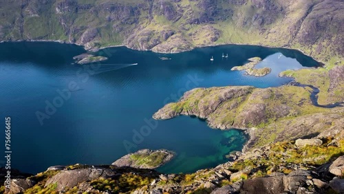 Isle of Skye Scotland mountains - Loch Na Cuilce lake view from peak of Sgurr Na Stri - boats on lake and peak of Gars Bheinn at the end photo