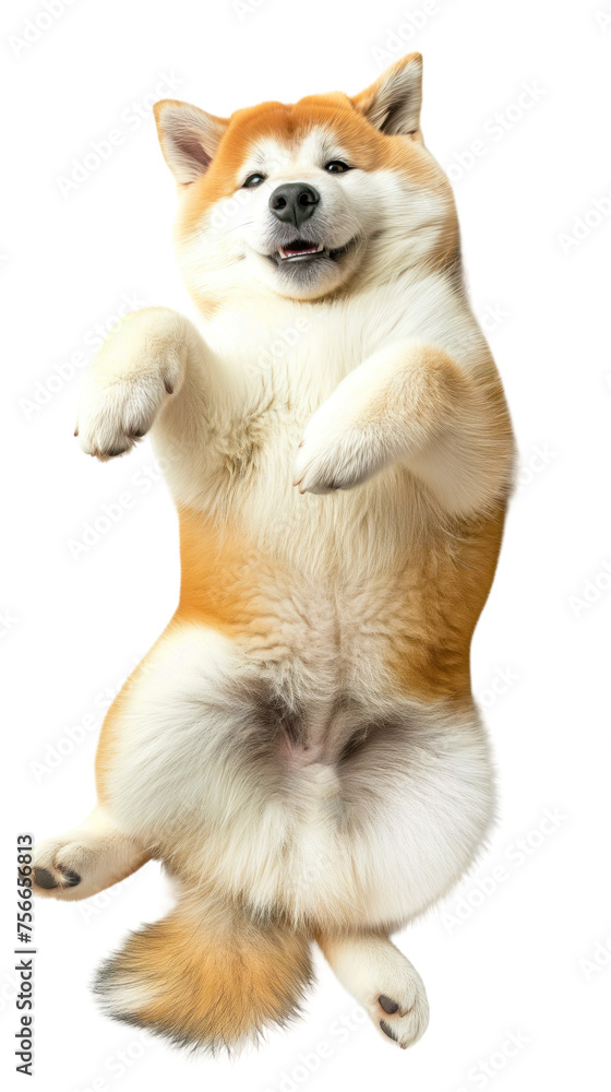 Funny Akita dog lying on back isolated on white or transparent background, png clipart, design element. Easy to place on any other background.