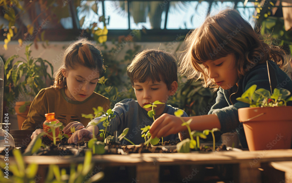 Diverse school children gardening in school orchard during gardening or botany lesson Diverse school children gardening in school orchard during gardening or botany lesson