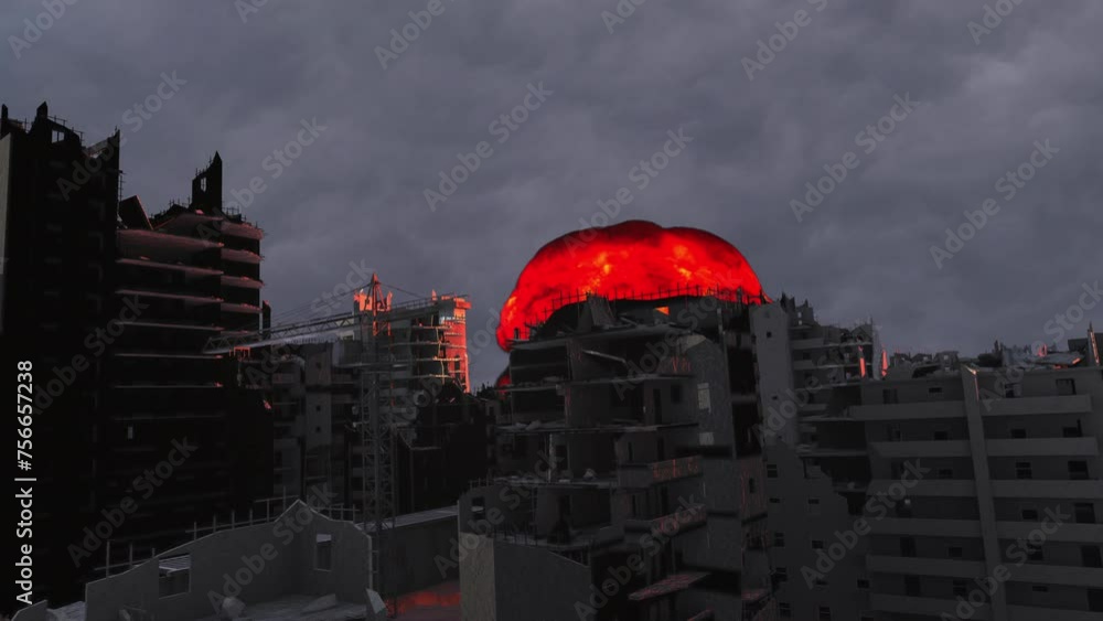 Nuclear bomb rising behind destroyed city
Cinematic view of Apocalyptic destroyed city, 4K,2024