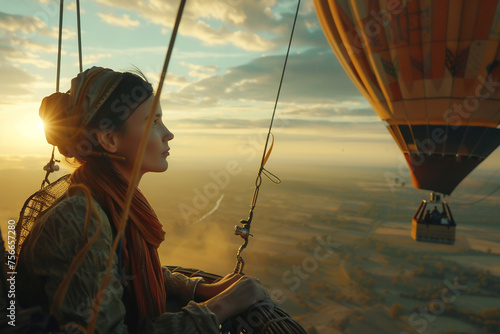 Captivating shot of a traveler in a hot air balloon gazing out over a vast