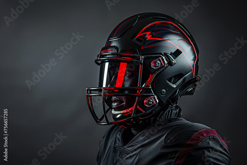 Full view of an American football suit and helmet arranged to convey power and readiness for the game © Rattanachat