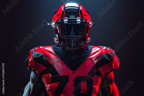 Full view of an American football suit and helmet arranged to convey power and readiness for the game