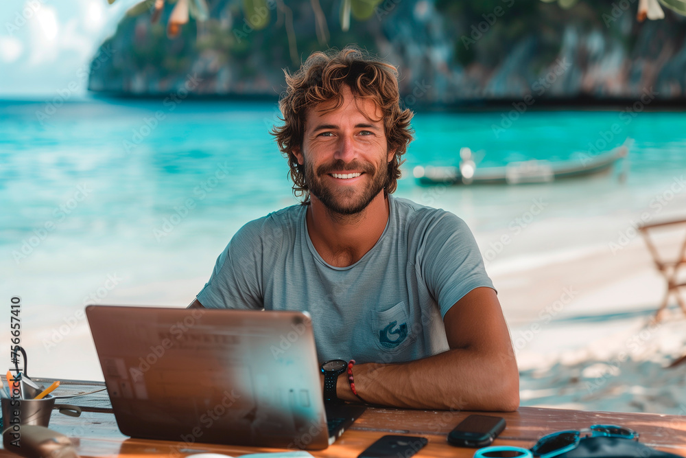 A portrait of a digital nomad running a successful online business from anywhere. A man smiles at his laptop on the beach, enjoying the blue water and summer fun