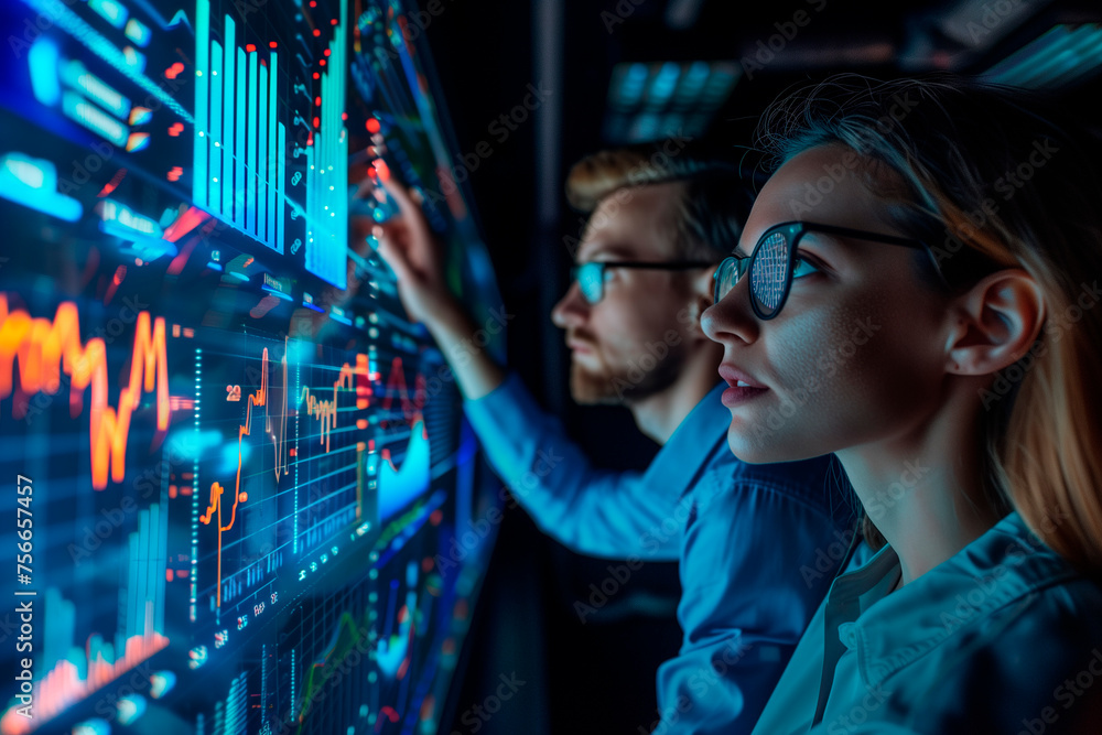 A team of marketers analyzing market trends using big data analytics.A man and a woman wear glasses while looking at a computer screen at an event A team of marketers analyzing market trends using big data analytics.A man and a woman wear glasses while looking at a computer screen at an event