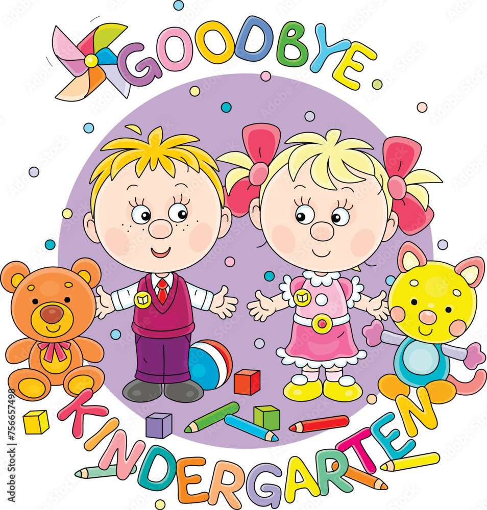 Goodbye kindergarten card with happy little girl and boy with funny ...