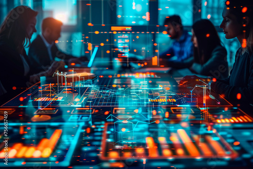 A team of consultants implementing digital transformation strategies for businesses. A group of people are sitting around a table looking at a computer screen