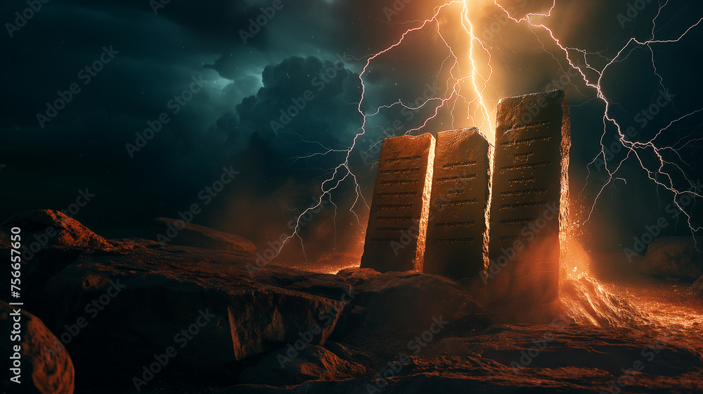 Naklejka premium The giving of the Ten Commandments on Mount Sinai, depicted with lightning illuminating ancient stone tablets, with copy space
