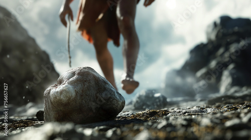 An evocative scene of David and Goliath, focusing on the moment the stone leaves David's sling, aimed at an unseen giant, with copy space
