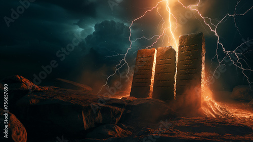The giving of the Ten Commandments on Mount Sinai, depicted with lightning illuminating ancient stone tablets, with copy space © Катерина Євтехова