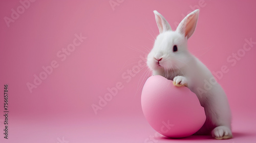 Easter rabbit, cute white bunny coming out of an opened egg on empty pink background with copy space photo