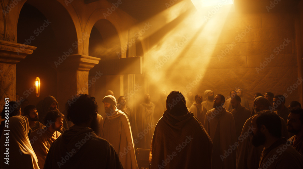 The appearance of Jesus to the disciples in the upper room, shown as a moment of surprise and joy, with a gentle light enveloping the room, with copy space - obrazy, fototapety, plakaty 