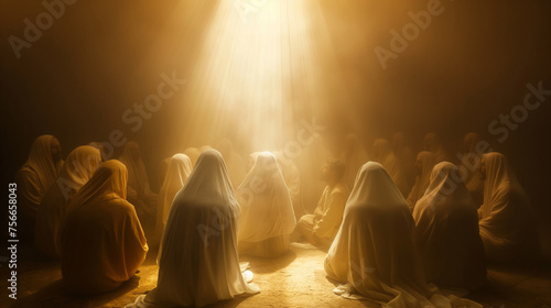 The appearance of Jesus to the disciples in the upper room, shown as a moment of surprise and joy, with a gentle light enveloping the room, with copy space