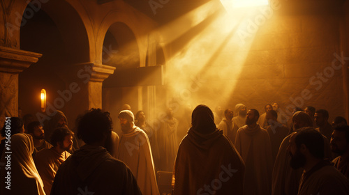 The appearance of Jesus to the disciples in the upper room, shown as a moment of surprise and joy, with a gentle light enveloping the room, with copy space