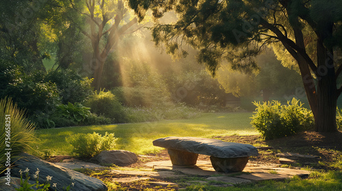 A peaceful garden scene at dawn with an empty tomb in the background, emphasizing solitude and reflection, with copy space photo
