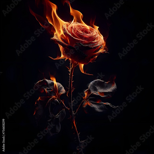 One rose, long stem, thorns, withered, petals on fire On a black background
