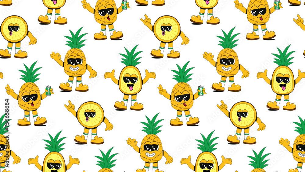 Obraz premium Seamless pattern with cool pineapple characters in different poses. Fashionable retro groovy style. Background for bar, restaurant, cafe, market.