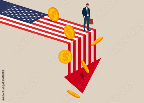 United States economy collapse. Economy collapse. Financial instability and stock market crash. Investor falling from stack of unstable money. Vector illustration.