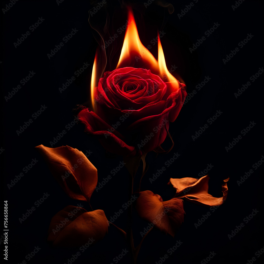 One rose, long stem, thorns, withered, petals on fire On a black background One rose, long stem, thorns, withered, petals on fire On a black background