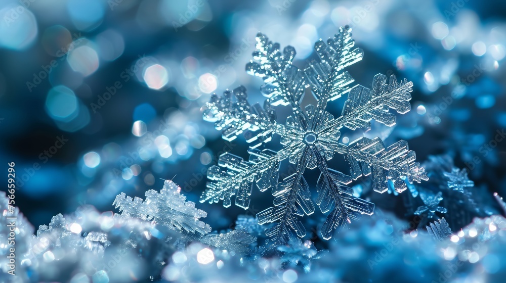 Macro photography of a detailed snowflake crystal on a blue gradient background with sparkling bokeh Macro photography of a detailed snowflake crystal on a blue gradient background with sparkling bokeh