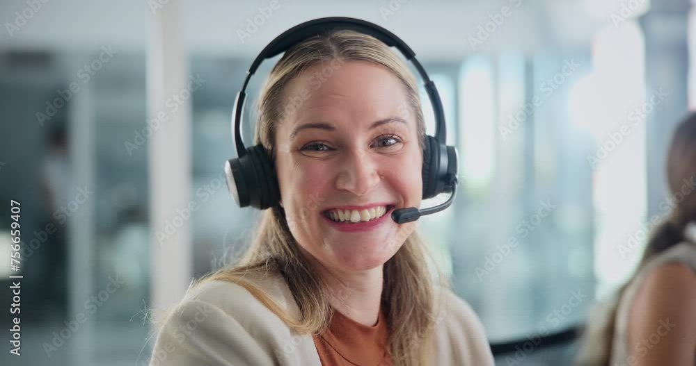 Professional woman, face and call center for customer support, communication and e commerce services. Happy agent, advisor or business consultant in portrait for virtual chat and contact us in office Professional woman, face and call center for customer support, communication and e commerce services. Happy agent, advisor or business consultant in portrait for virtual chat and contact us in office