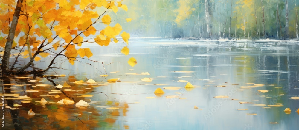 A beautiful painting of a serene lake surrounded by trees and leaves, capturing the tranquil atmosphere of a natural landscape with the reflection of the sky on the liquid water