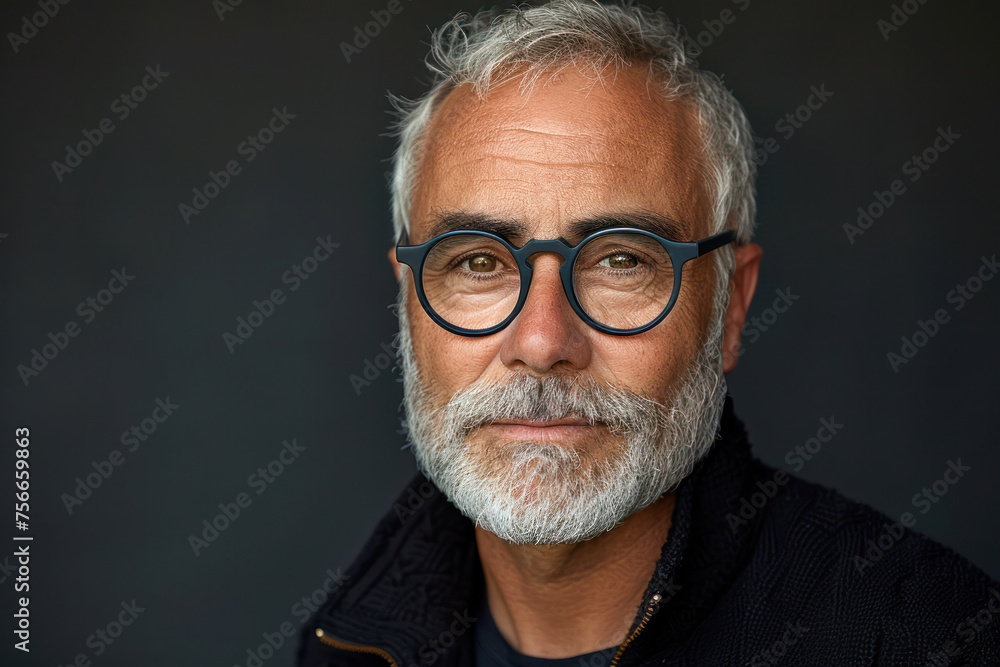 Confident Mature Man with Glasses. A close-up portrait of a confident and smiling mature man with silver hair and beard, wearing round glasses against a dark background. Confident Mature Man with Glasses. A close-up portrait of a confident and smiling mature man with silver hair and beard, wearing round glasses against a dark background.