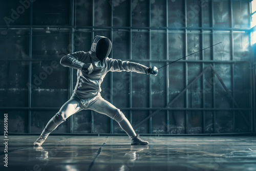 Elegant fencer in mid-lunge, mask on, foil extended, under studio lighting with a simple, uncluttered background, emphasizing form and precision.