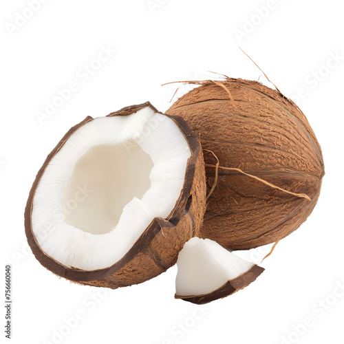 Coconut with cut in half isolated on white background.