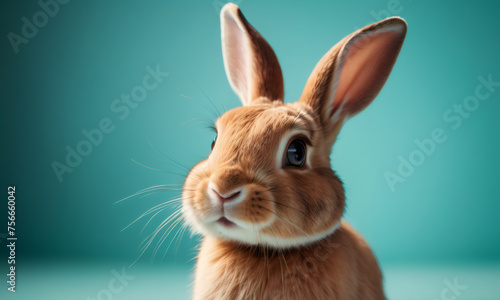 Lovely brown bunny easter rabbit stand on color studio background. Cute fluffy rabbit. Lovely small pet with beautiful bright eyes. Concept of Pascha, Resurrection Sunday, Christian cultural holiday