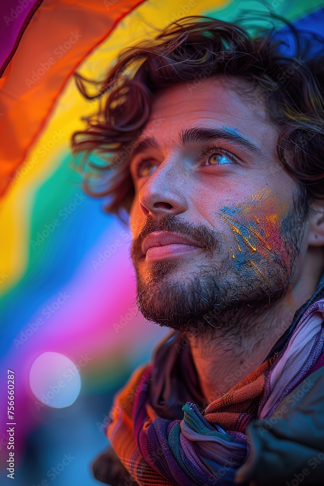 A man with a beard and mustache is wearing a scarf and holding a rainbow flag A man with a beard and mustache is wearing a scarf and holding a rainbow flag