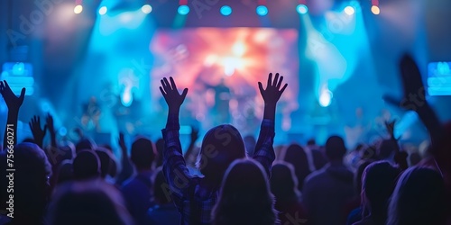 Christian worship service with congregation standing and hands raised in prayer. Concept Christian Worship, Congregation, Standing, Raised Hands, Prayer