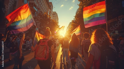 A group of people are holding rainbow flags and walking down a street