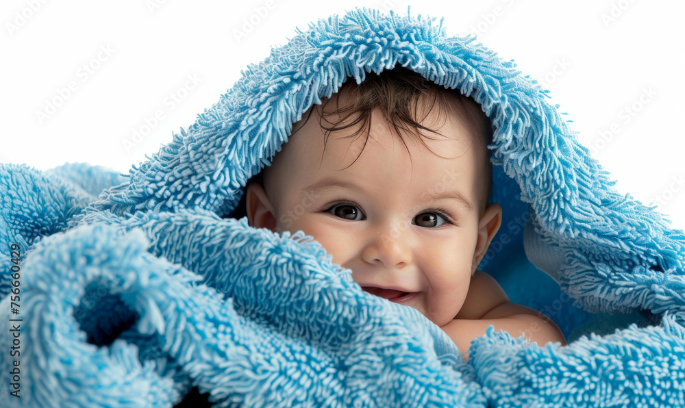 Portrait of a cute toddler boy after bathing wrapped in a blue towel Portrait of a cute toddler boy after bathing wrapped in a blue towel