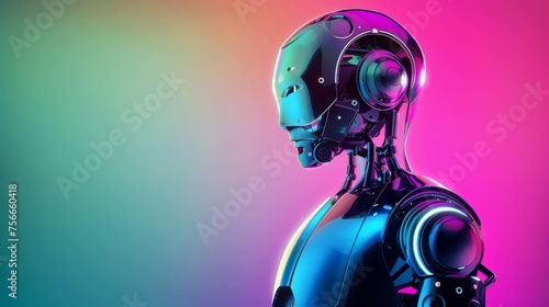 A robot wearing headphones stands in front of a vibrant and colorful background