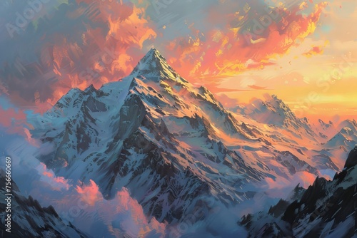Majestic mountains glow warmly under setting sun, Generative AI