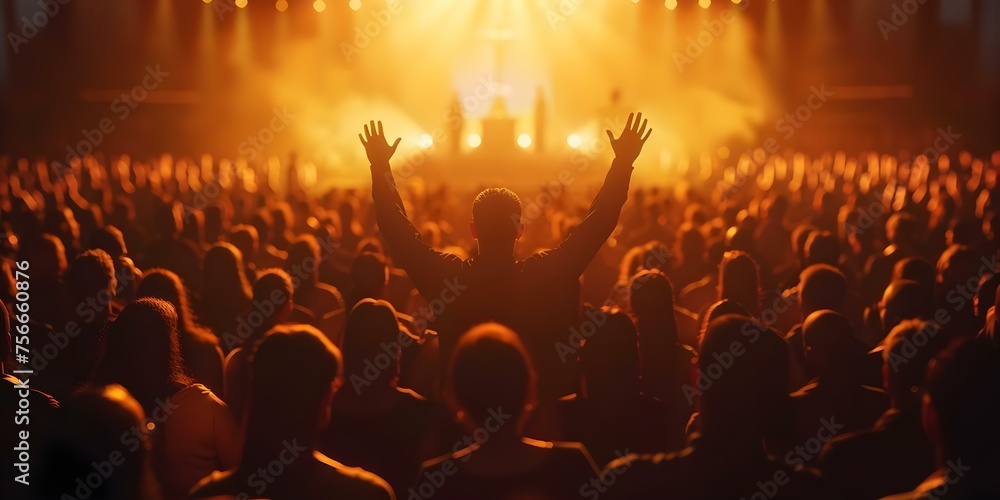 D Visualization of Silhouetted Hands Raised in Worship at a Church Concert. Concept 3D Visualization, Silhouetted Hands, Worship, Church Concert