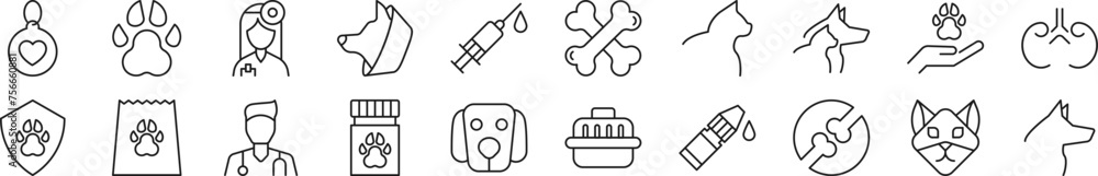 Set of thin line icons of veterinary. Editable stroke. Simple linear illustration for web sites, newspapers, articles book Set of thin line icons of veterinary. Editable stroke. Simple linear illustration for web sites, newspapers, articles book