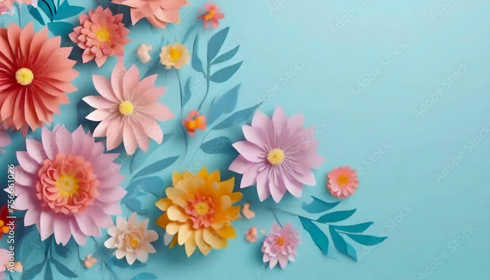 Beautiful paper flowers on blue background, ideal for International Women's Day event. Beautiful paper flowers on blue background, ideal for International Women's Day event.